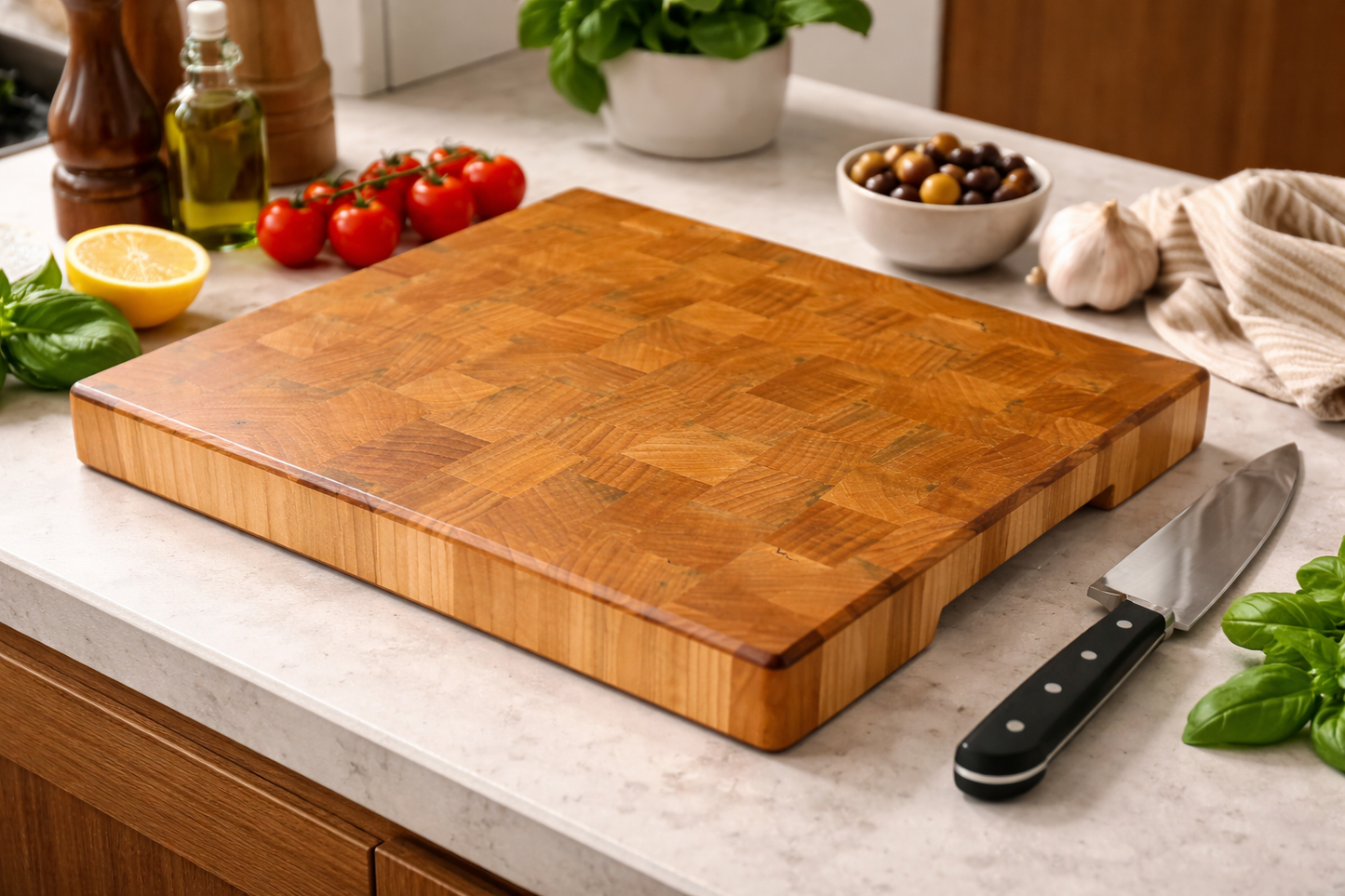 El Yapımı Kiraz Ağacından End Grain Kesme Tahtası 39x29x4 cm – Kalın Doğrama Tahtası – Profesyonel Mutfak ve Sunum Tahtası