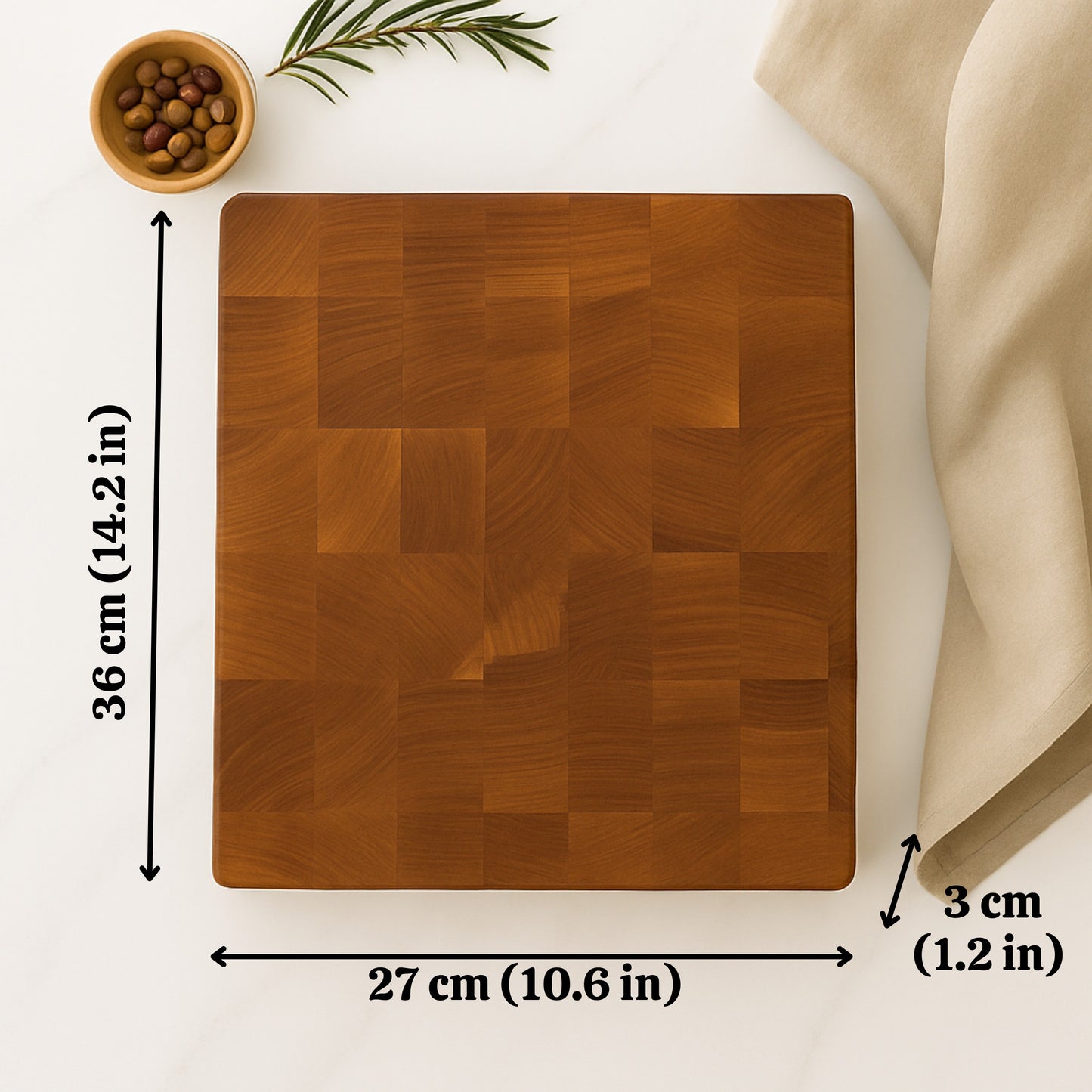 Kestane Ağacından-End Grain-El Yapımı Ahşap Doğrama Tahtası 36x27x3 cm | Profesyonel Kesme Tahtası
