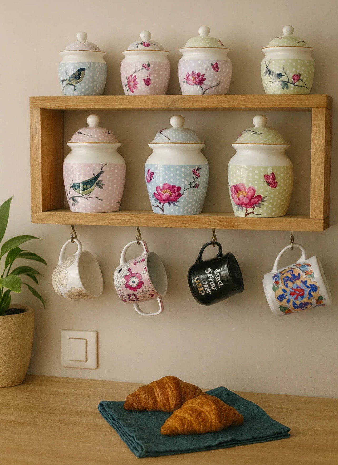 El Yapımı Masif Ahşap Baharatlık & Kahve Fincanlığı Raf (50×21×10 cm)