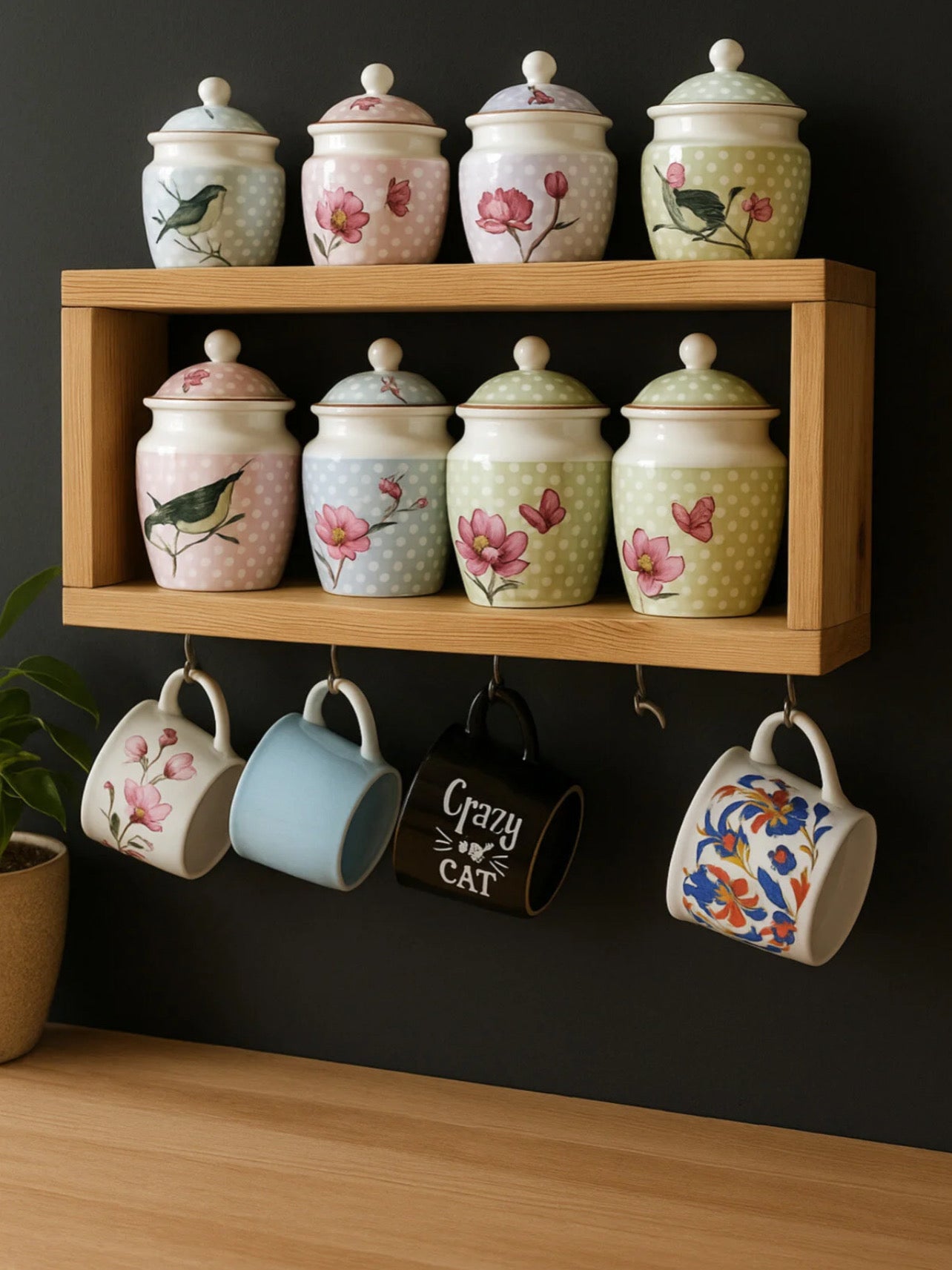 El Yapımı Masif Ahşap Baharatlık & Kahve Fincanlığı Raf (50×21×10 cm)
