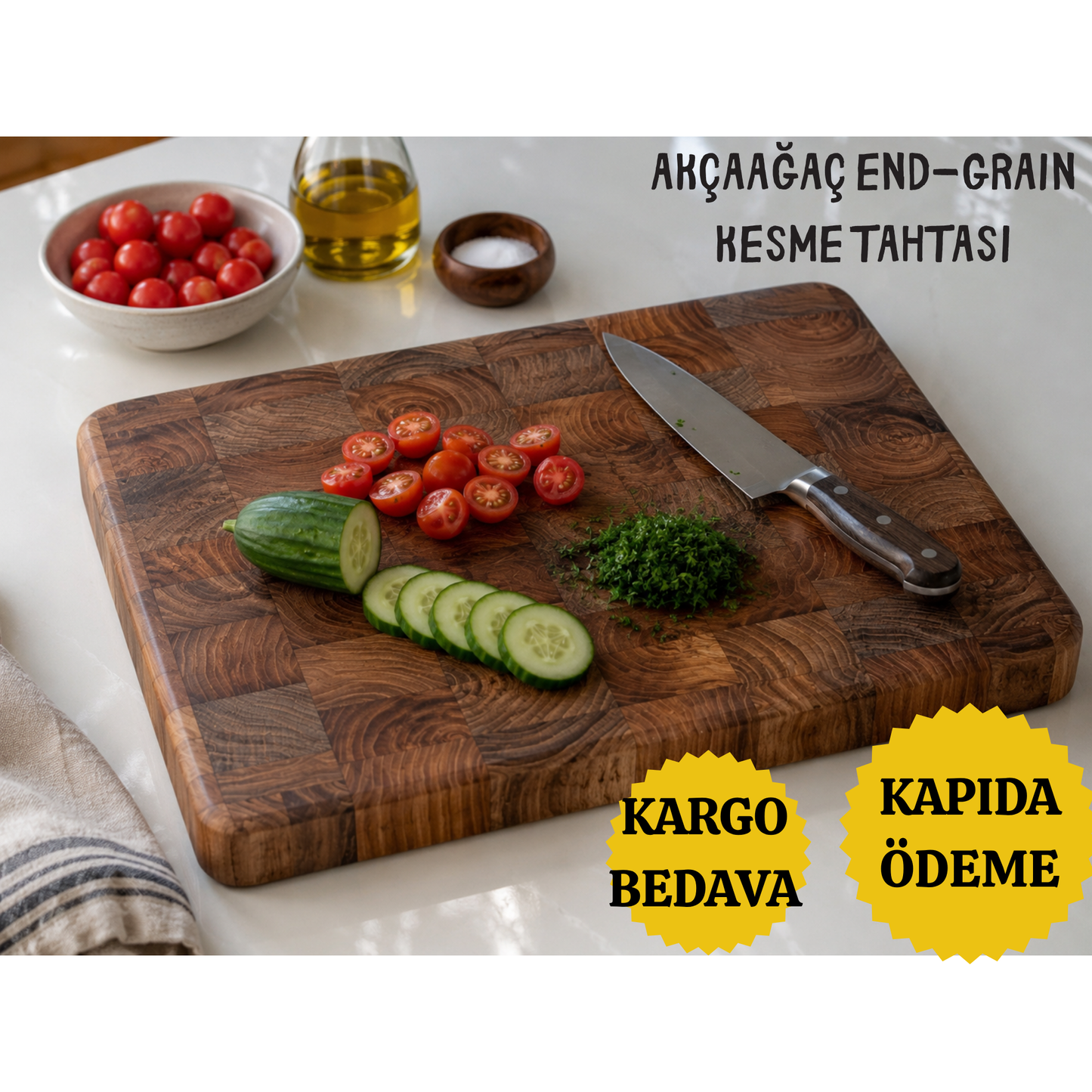 El Yapımı Akçaağaç End Grain Kesme Tahtası 38x28x5 cm_ Profesyonel Mutfak ve Sunum Tahtası