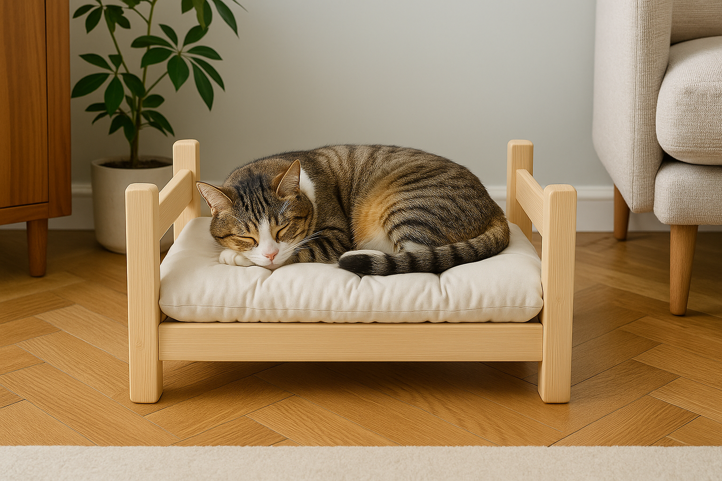 El Yapımı Çam Ağacı Kedi Karyolası ve Özel Üretim Yatağı– 30x52x23 Cm
