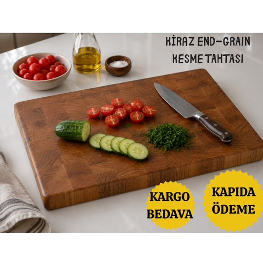 El Yapımı Kiraz Ağacından End Grain Kesme Tahtası 39x29x4 cm – Kalın Doğrama Tahtası – Profesyonel Mutfak ve Sunum Tahtası