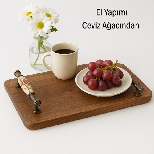 Ceviz Ağacından El Yapımı Ahşap Sunum Tepsisi – 24x41 cm | Rustik Servis Tepsisi